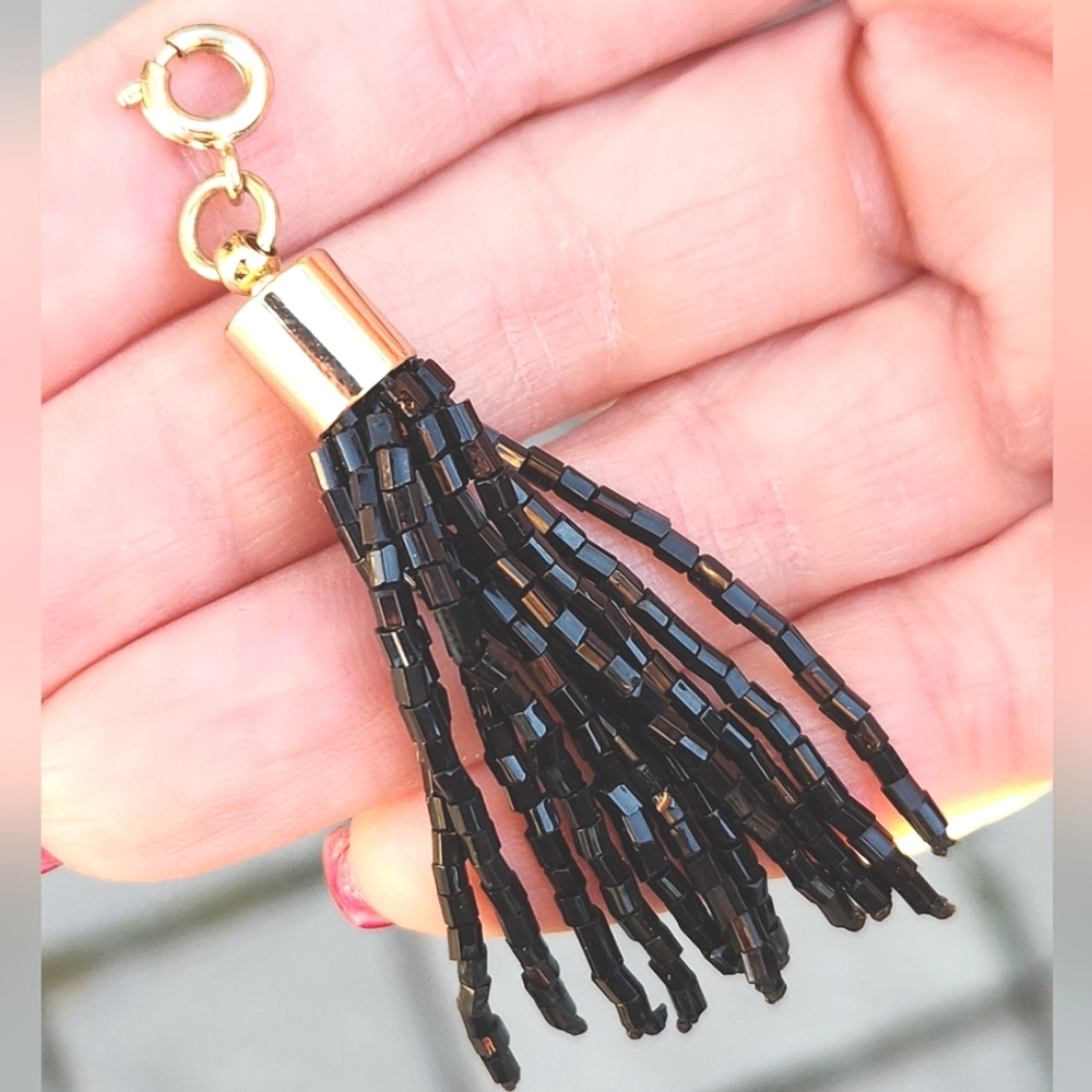 Anthropologie Black Bugle Bead Tassel Charm RARE